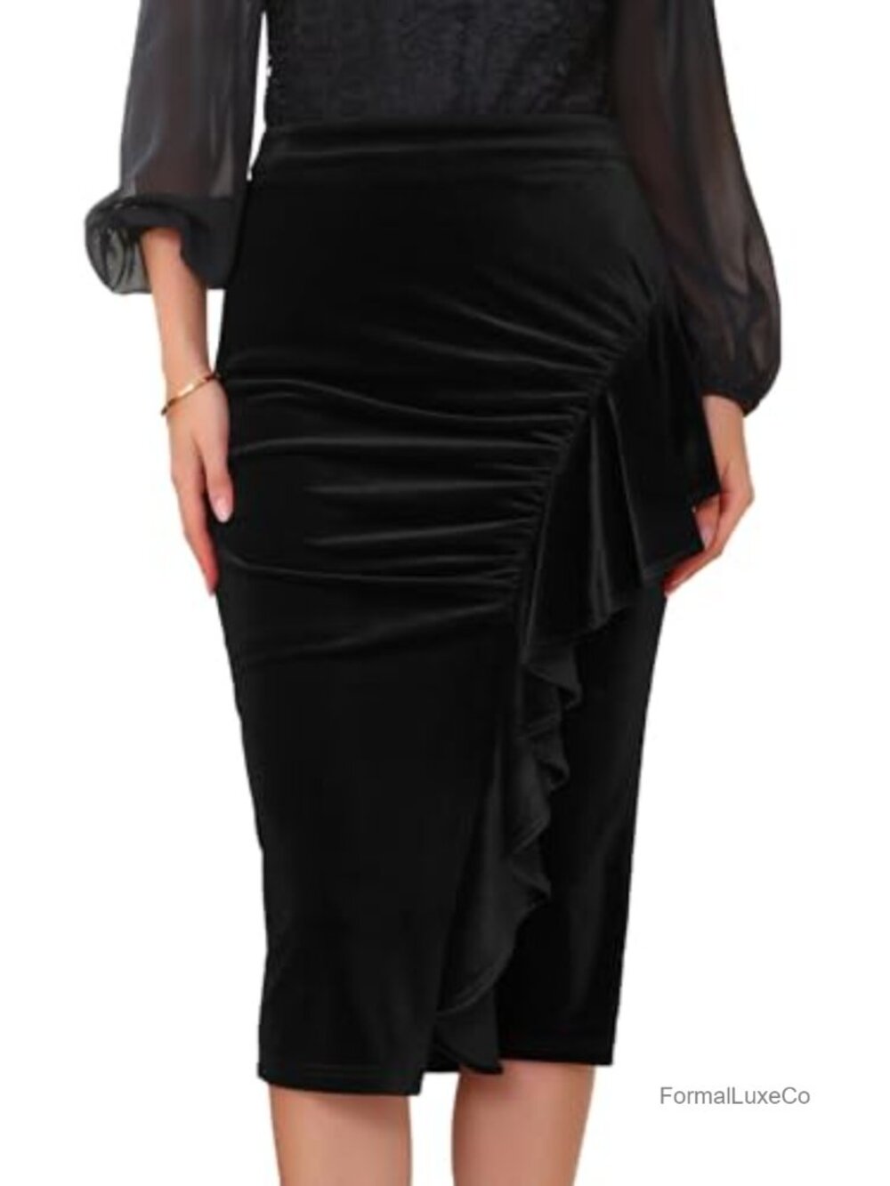 Velvet Bodycon Pencil Skirt High Waist Ruffled Midi Cocktail Party